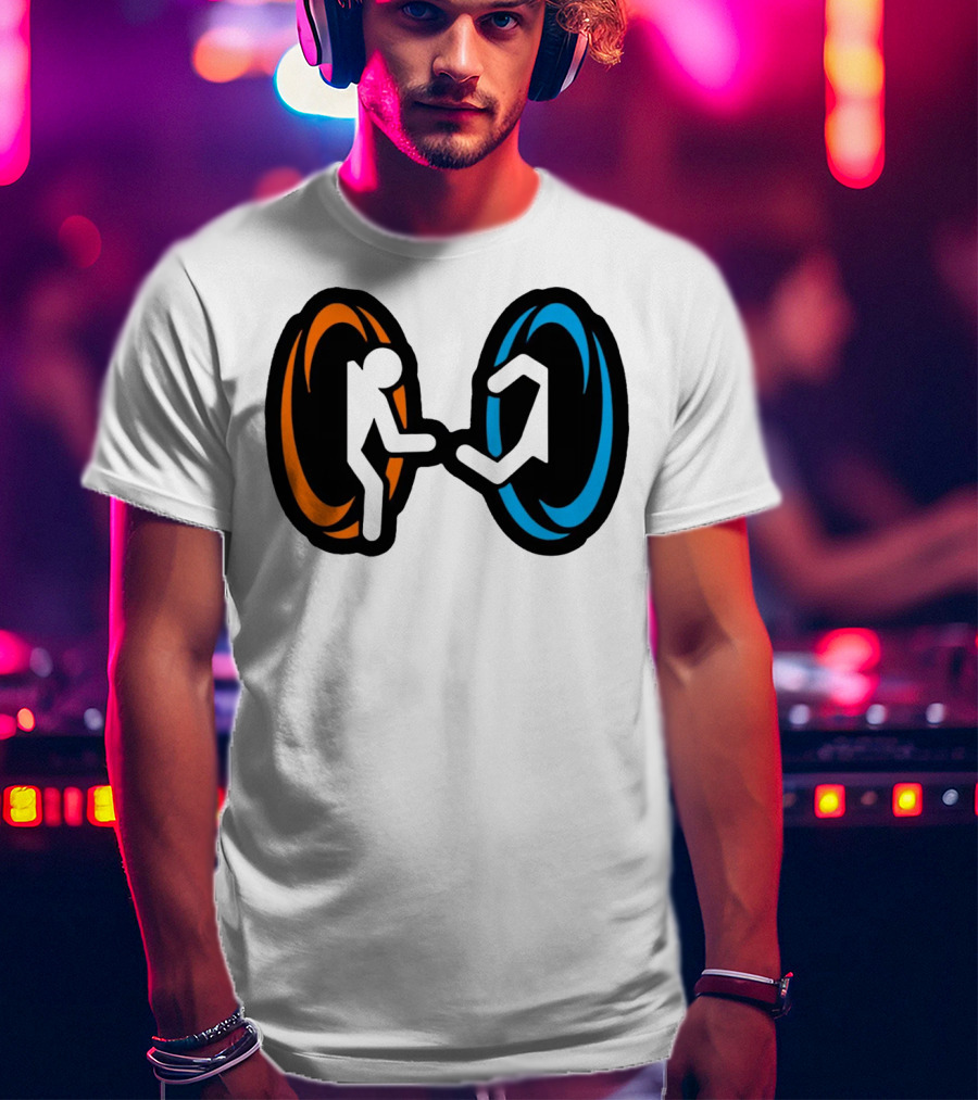 Orange And Blue Portal Stick Figure Couple T-Shirt