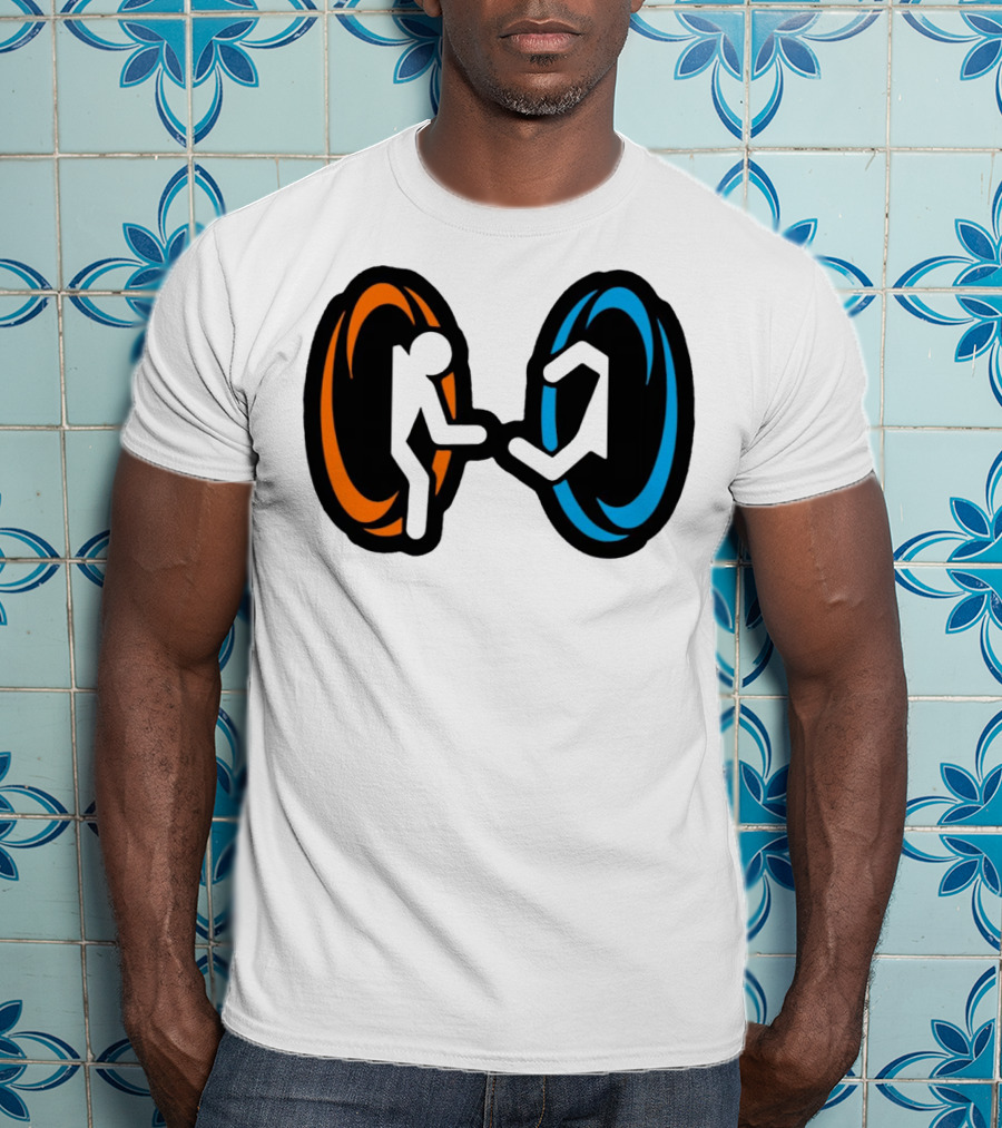 Orange And Blue Portal Stick Figure Couple T-Shirt
