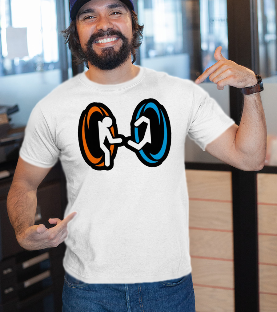 Orange And Blue Portal Stick Figure Couple T-Shirt