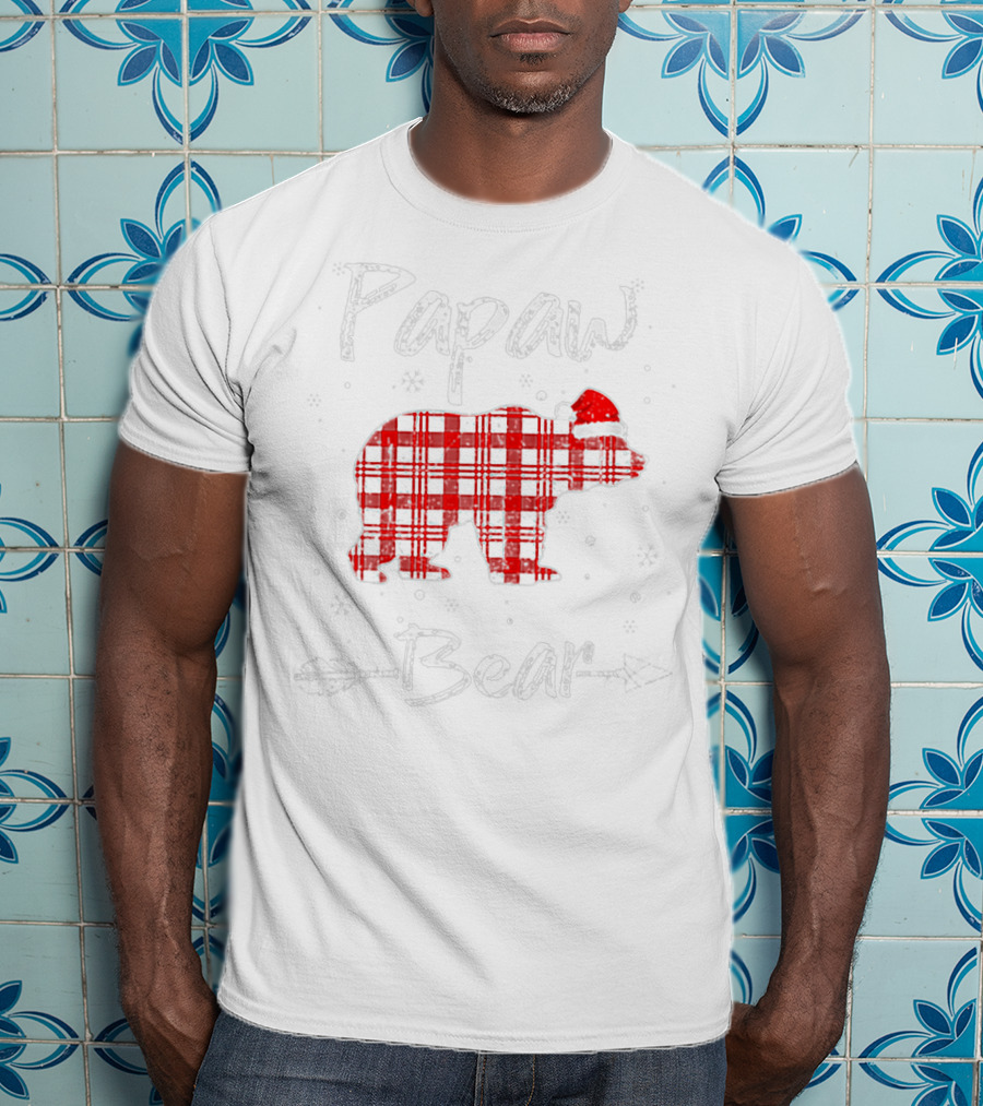 Papaw Bear Red Plaid Santa Hat Winter Holiday Plaid Bear T-Shirt