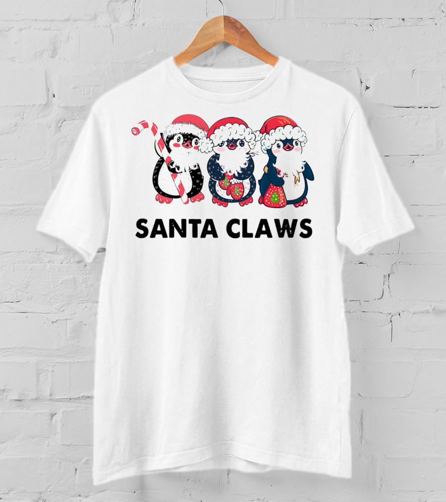 Santa Claws Penguins Holiday Trio With Santa Hats And Candy Cane T-Shirt