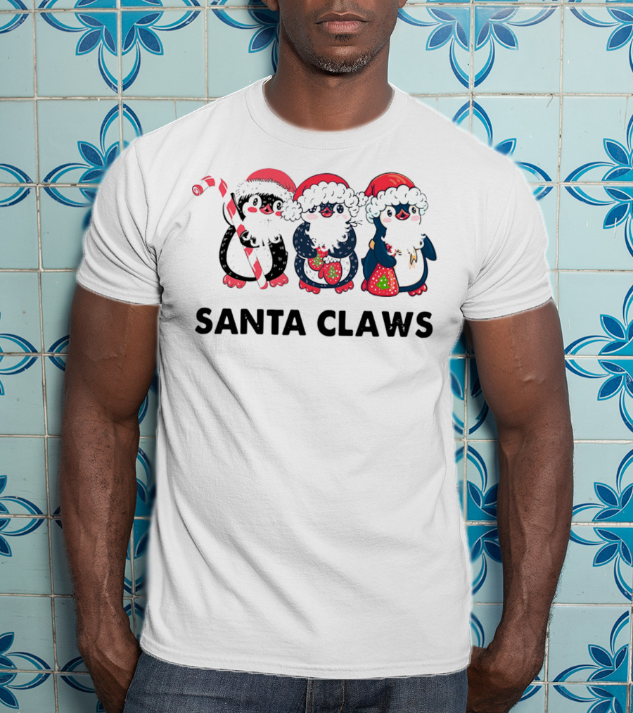 Santa Claws Penguins Holiday Trio With Santa Hats And Candy Cane T-Shirt