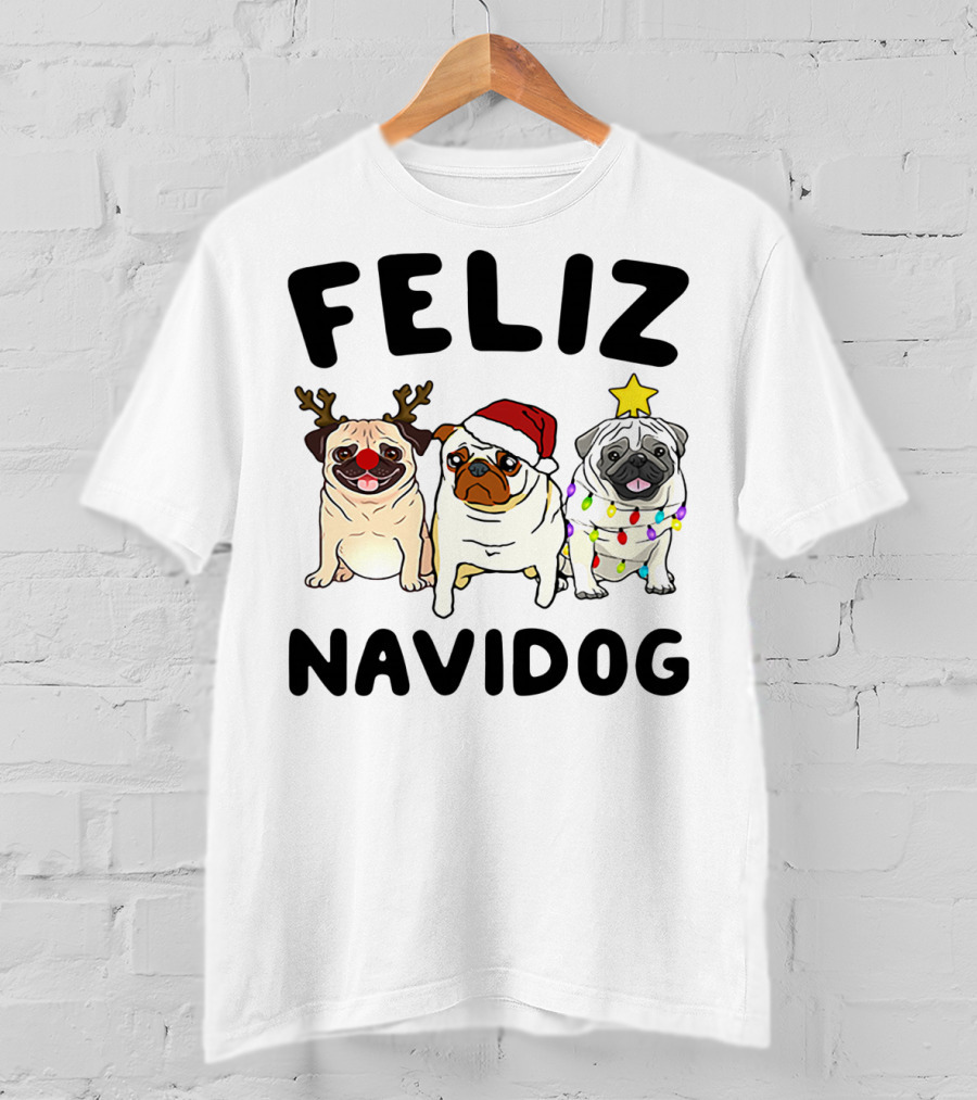 Feliz Navidog Pugs Christmas Reindeer Santa Lights T-Shirt