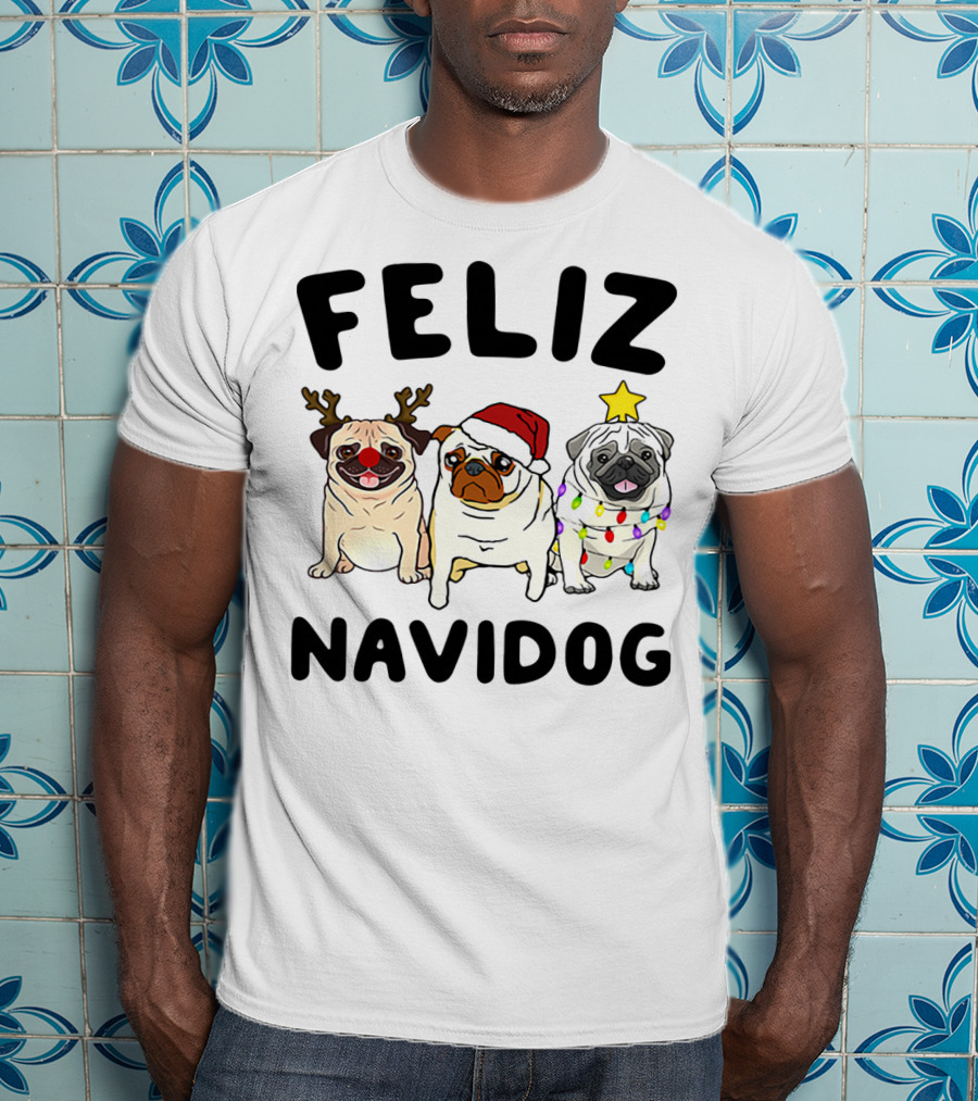 Feliz Navidog Pugs Christmas Reindeer Santa Lights T-Shirt