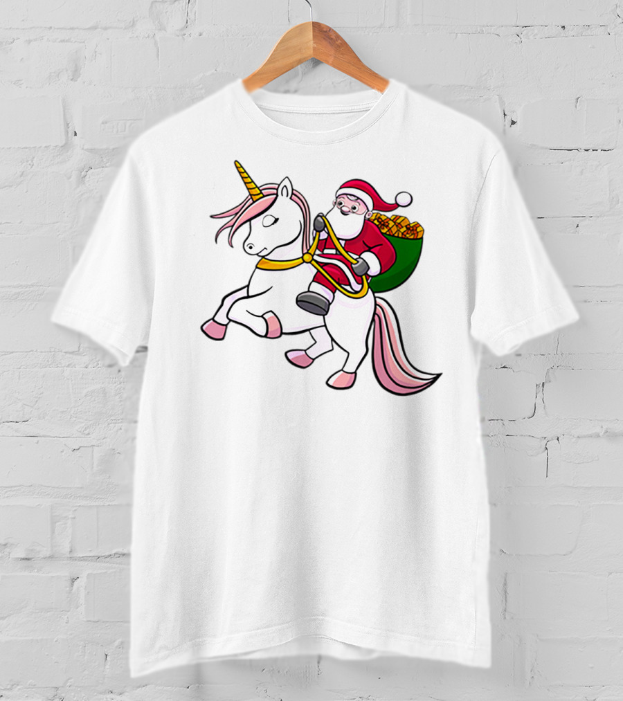 Santa Riding Unicorn With Sack Of Gifts For Cute Girls T-Shirt