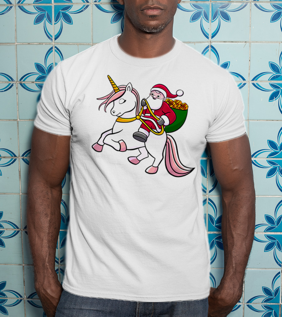 Santa Riding Unicorn With Sack Of Gifts For Cute Girls T-Shirt