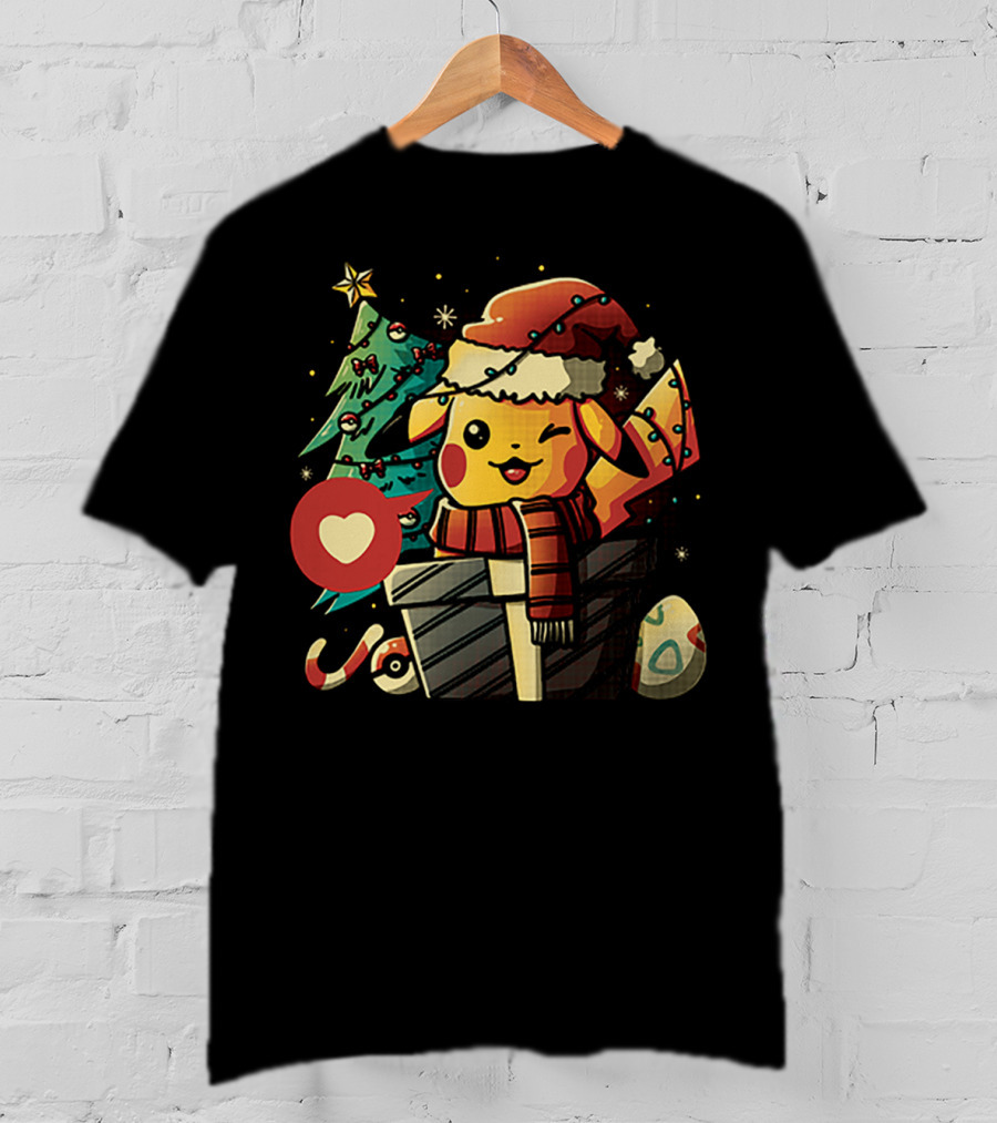 Pikachu In Santa Hat With Electric Christmas Tree And Candy Cane T-Shirt
