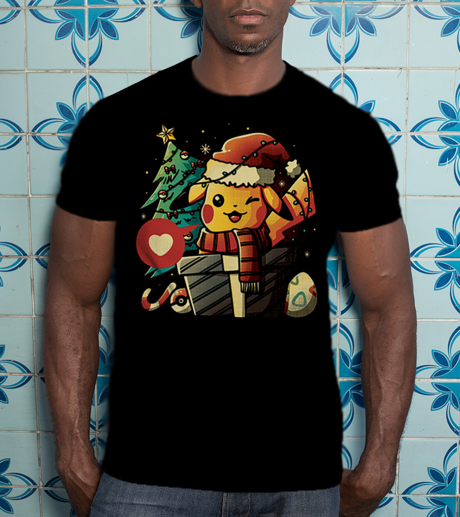 Pikachu In Santa Hat With Electric Christmas Tree And Candy Cane T-Shirt