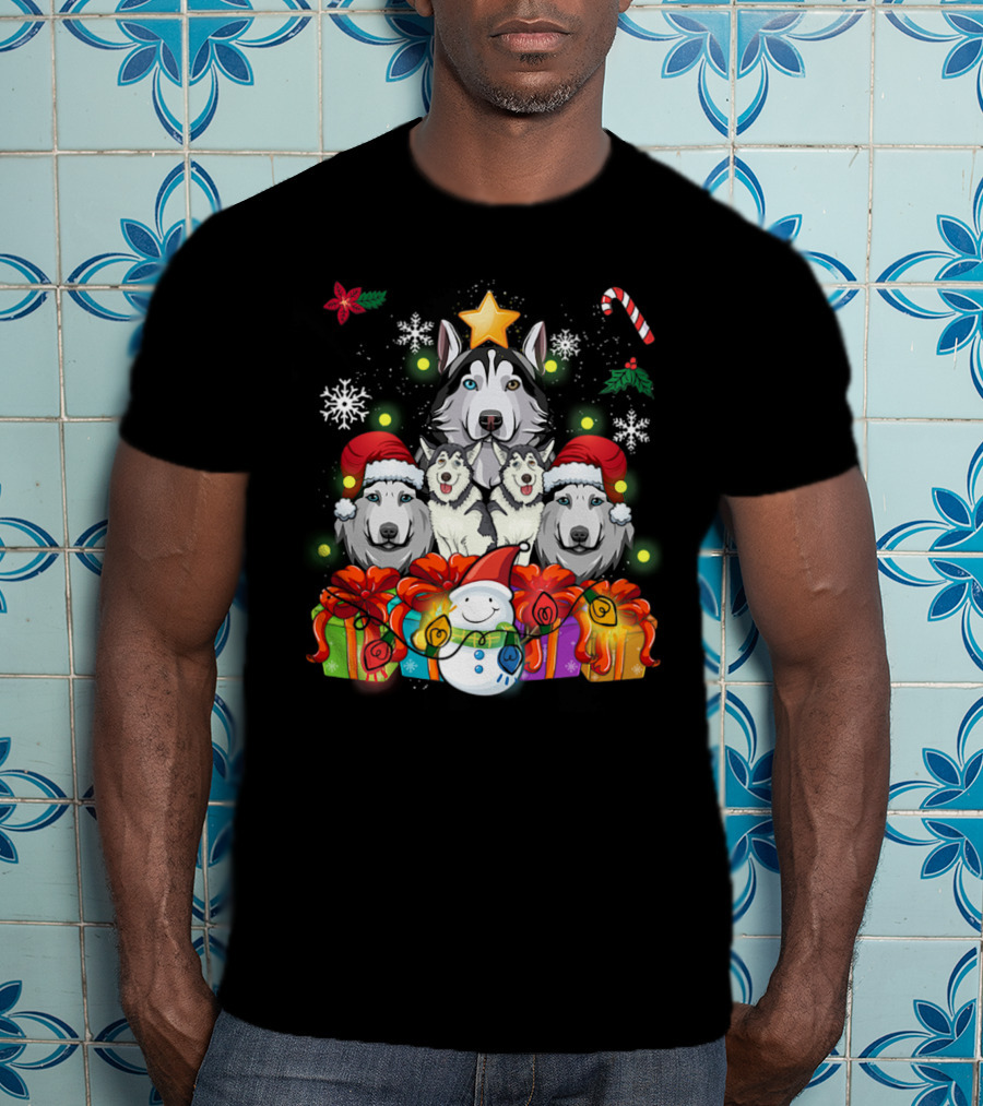 Siberian Husky Christmas Tree Decor With Snowflakes, Candy Cane, Snowman, And Presents T-Shirt