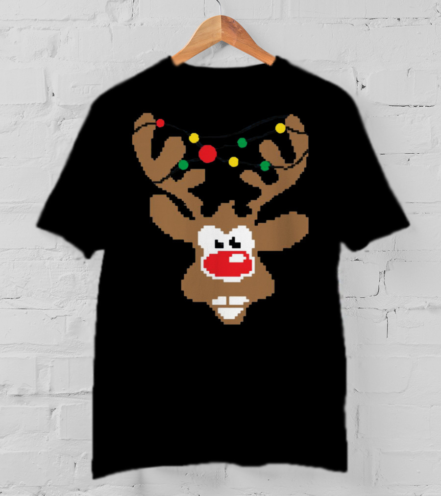Christmas Youth Pixel Reindeer With Colorful Lights T-Shirt