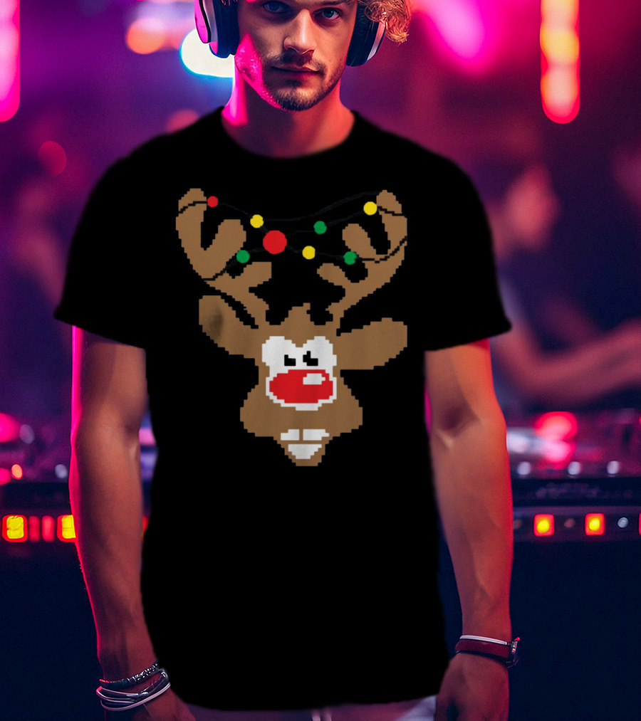 Christmas Youth Pixel Reindeer With Colorful Lights T-Shirt