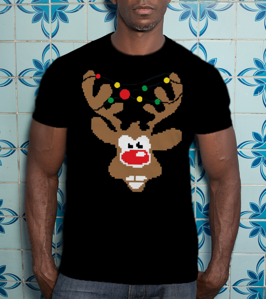 Christmas Youth Pixel Reindeer With Colorful Lights T-Shirt