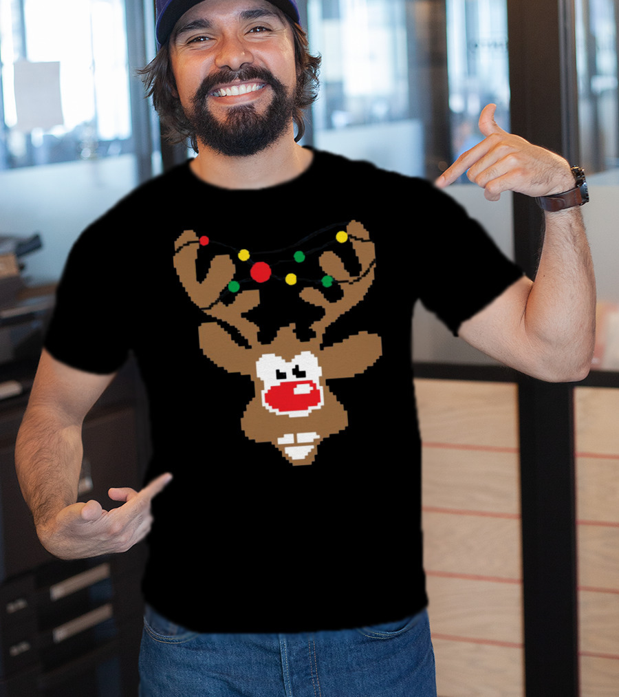 Christmas Youth Pixel Reindeer With Colorful Lights T-Shirt