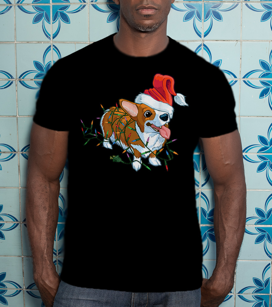 Corgi Christmas Lights Santa Hat T-Shirt