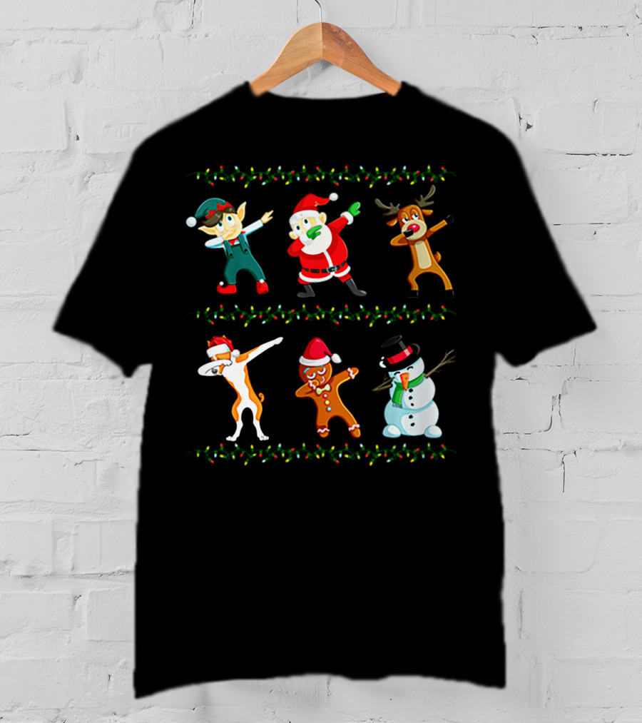 Dabbing Santa Basenji Elf Reindeer Gingerbread Snowman Christmas Lights T-Shirt