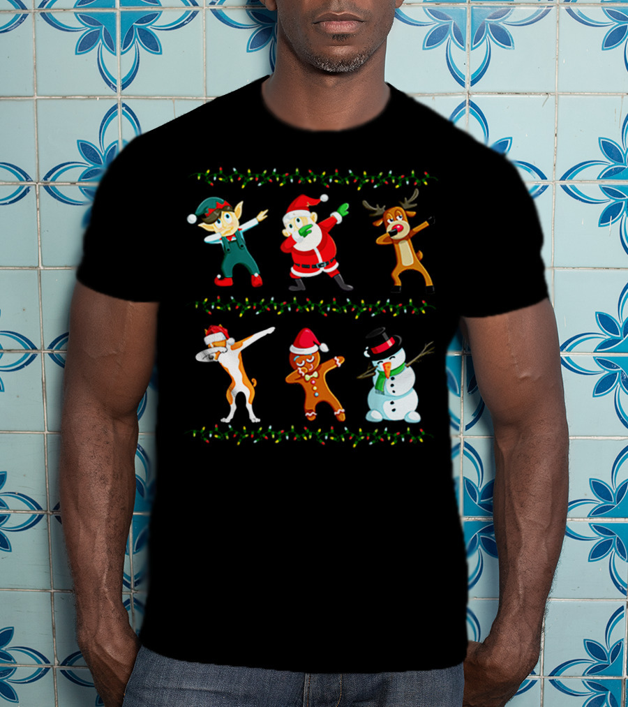 Dabbing Santa Basenji Elf Reindeer Gingerbread Snowman Christmas Lights T-Shirt