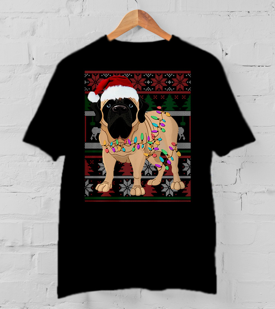 Santa Hat English Mastiff With Christmas Lights And Festive T-Shirt