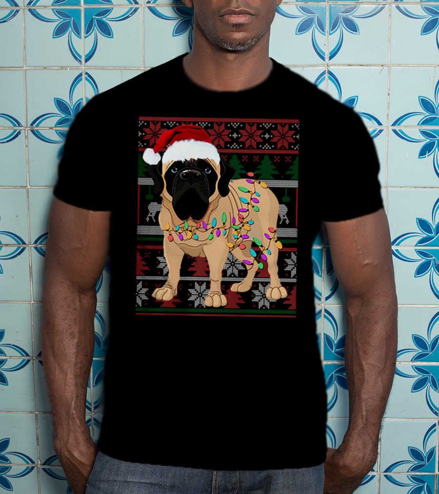Santa Hat English Mastiff With Christmas Lights And Festive T-Shirt