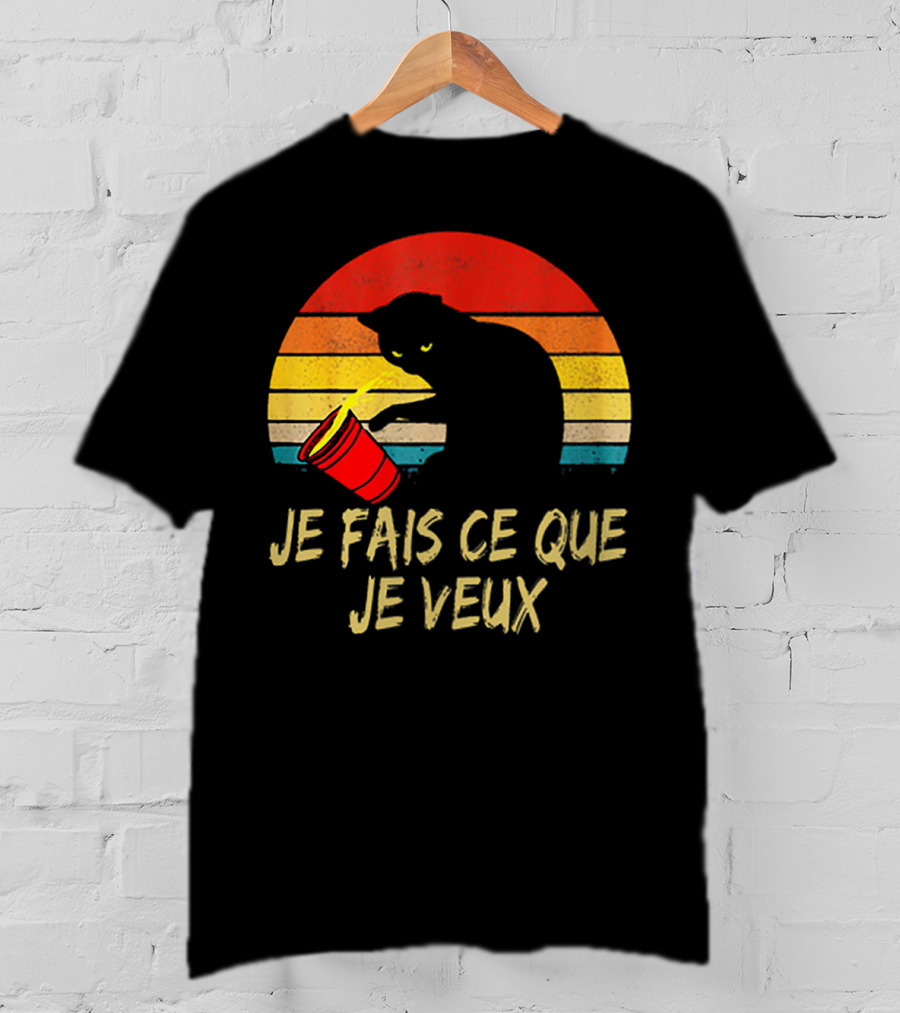 Black Cat Je Fais Ce Que Je Veux Retro Sunset Silhouette 80s T-Shirt
