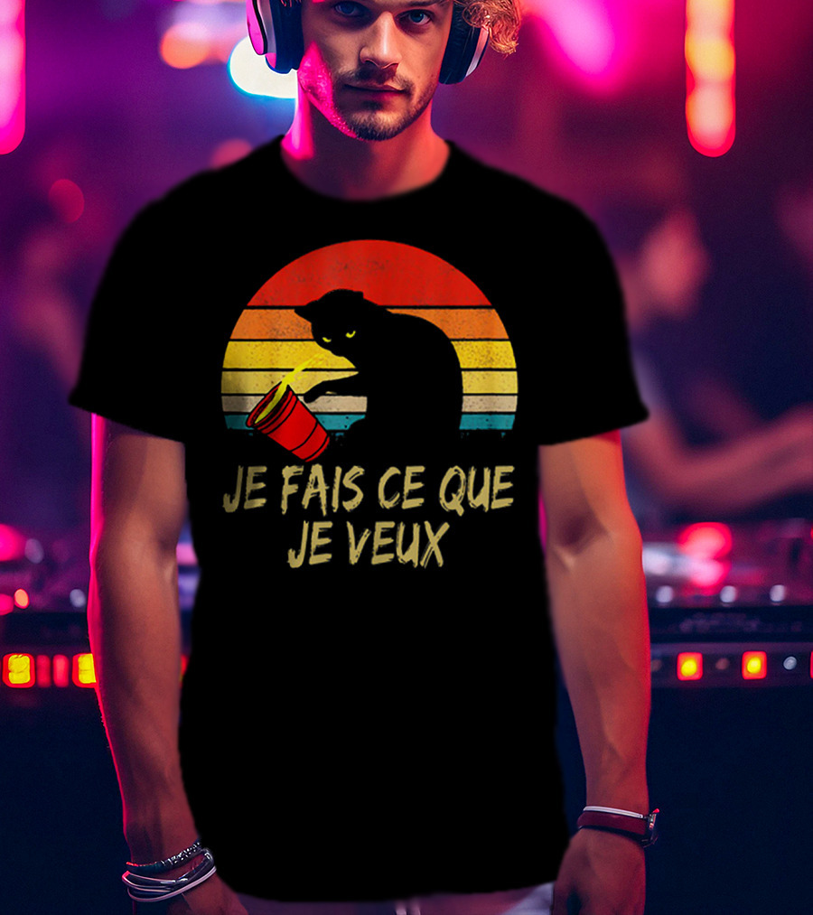 Black Cat Je Fais Ce Que Je Veux Retro Sunset Silhouette 80s T-Shirt