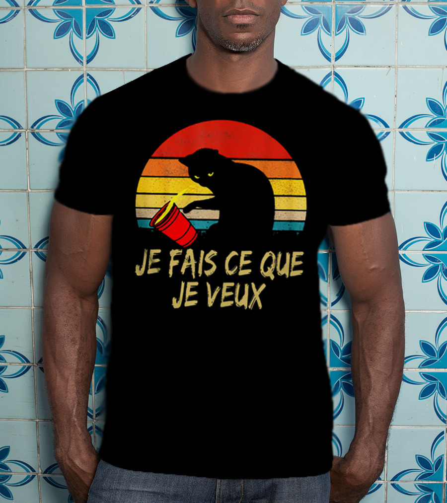 Black Cat Je Fais Ce Que Je Veux Retro Sunset Silhouette 80s T-Shirt