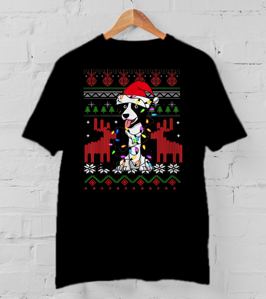 Border Collie Christmas Lights Santa Hat T-Shirt