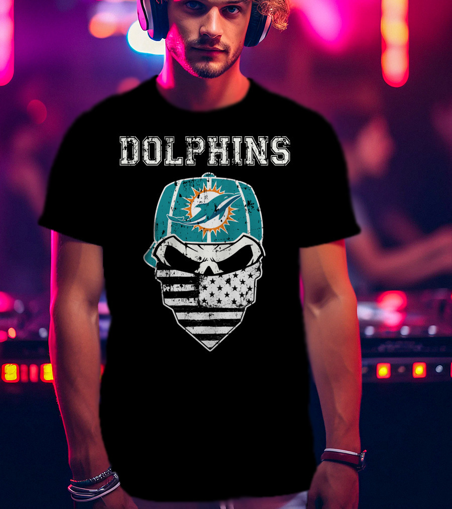 Dolphins Skull Bandana American Flag Miami Emblem T-Shirt