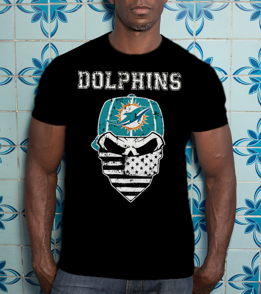 Dolphins Skull Bandana American Flag Miami Emblem T-Shirt