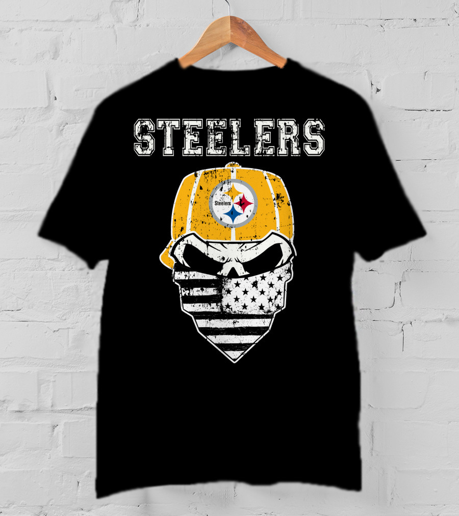 Steelers Skull With American Flag Bandana And Hat T-Shirt