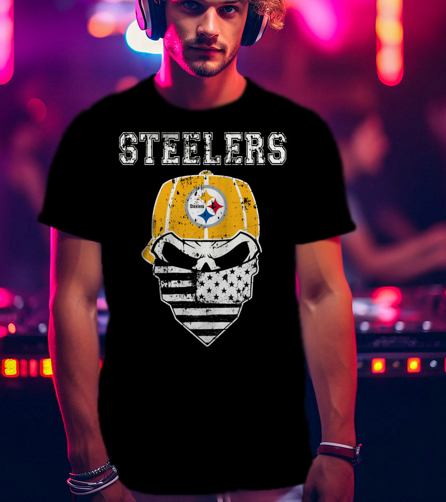 Steelers Skull With American Flag Bandana And Hat T-Shirt