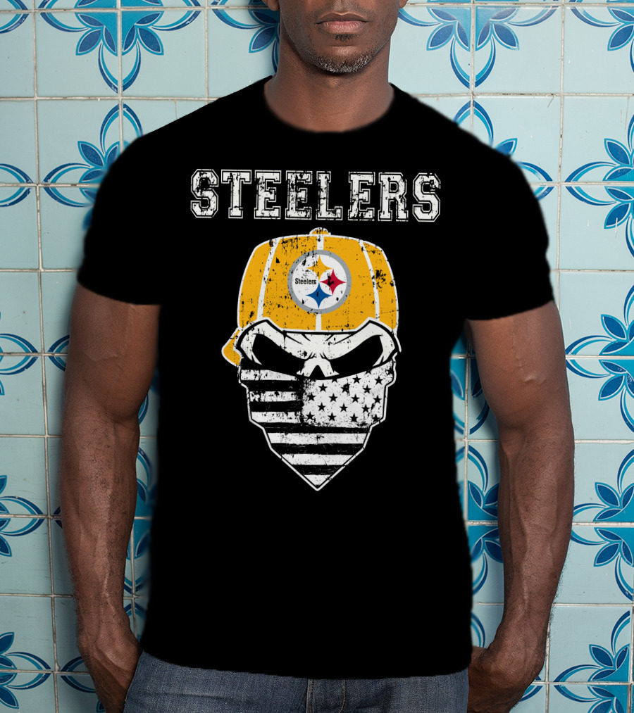 Steelers Skull With American Flag Bandana And Hat T-Shirt