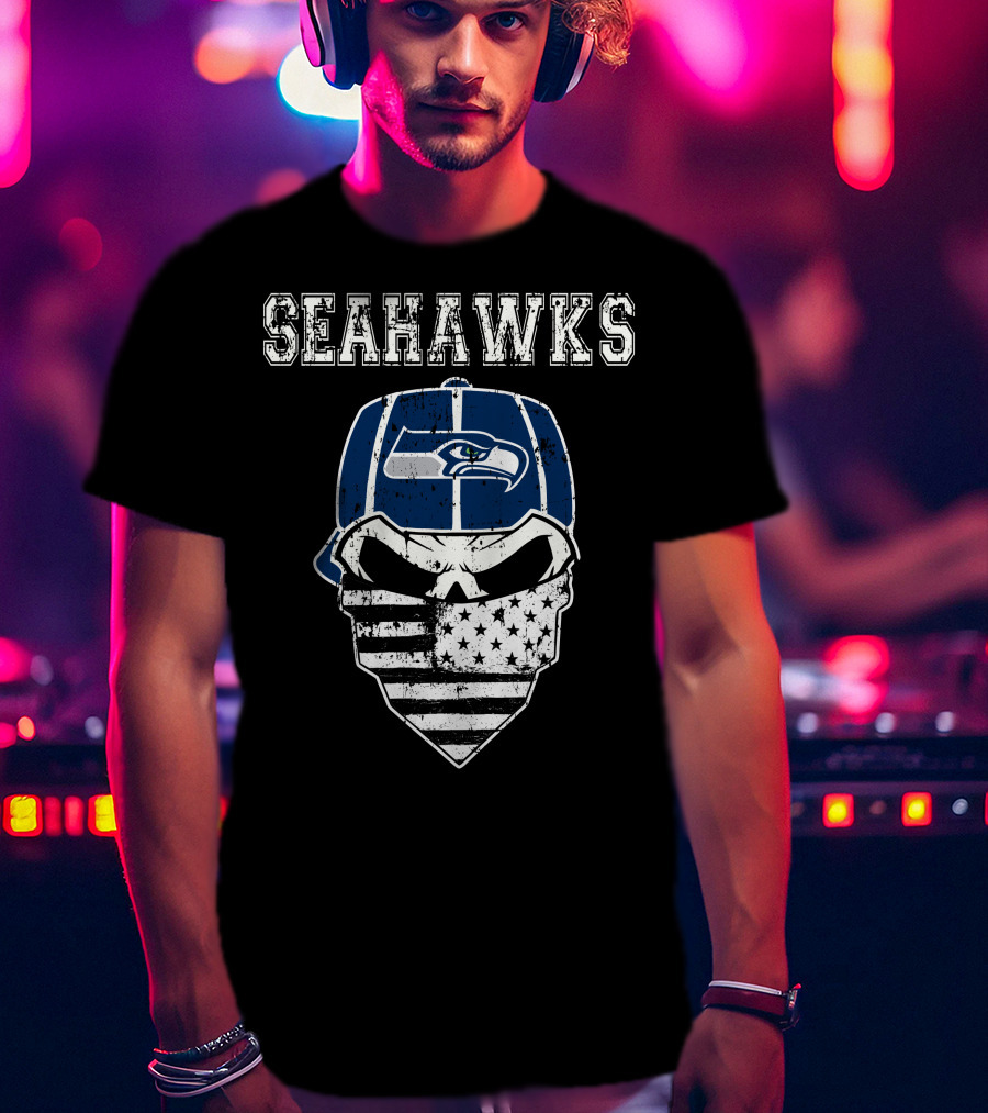 Seahawks Skull With Flag Bandana T-Shirt