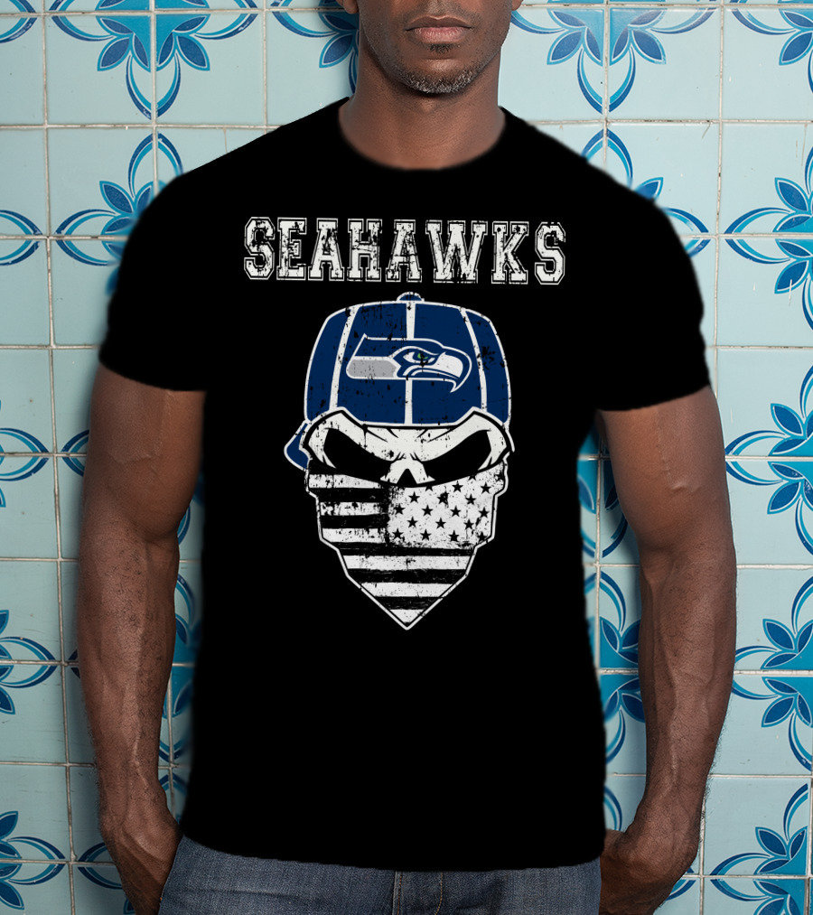 Seahawks Skull With Flag Bandana T-Shirt