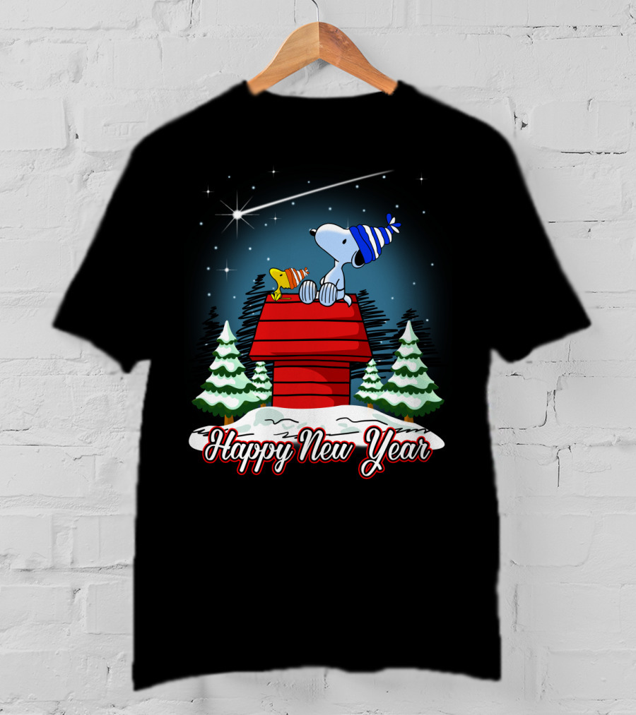 Snoopy Happy New Year With Woodstock On Doghouse Under Starry Sky T-Shirt