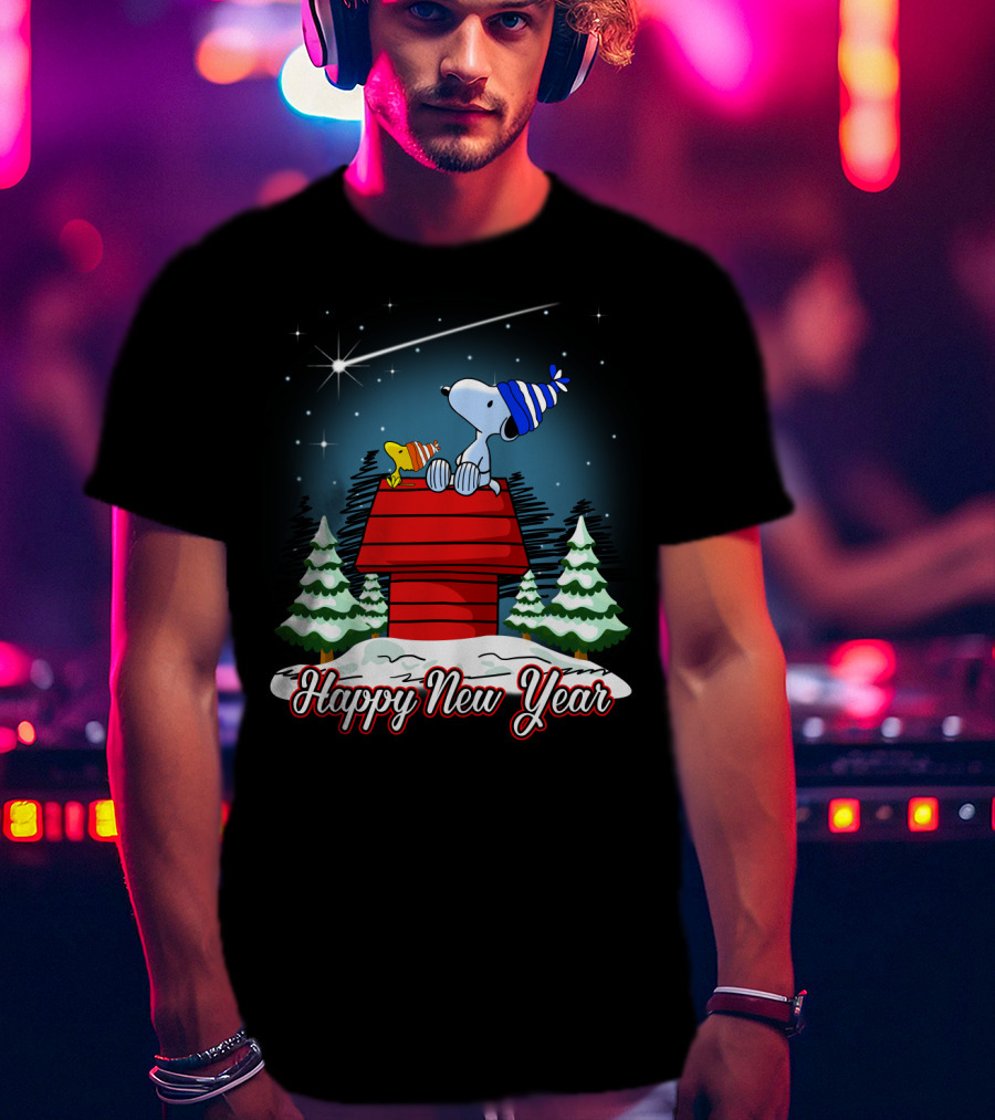 Snoopy Happy New Year With Woodstock On Doghouse Under Starry Sky T-Shirt