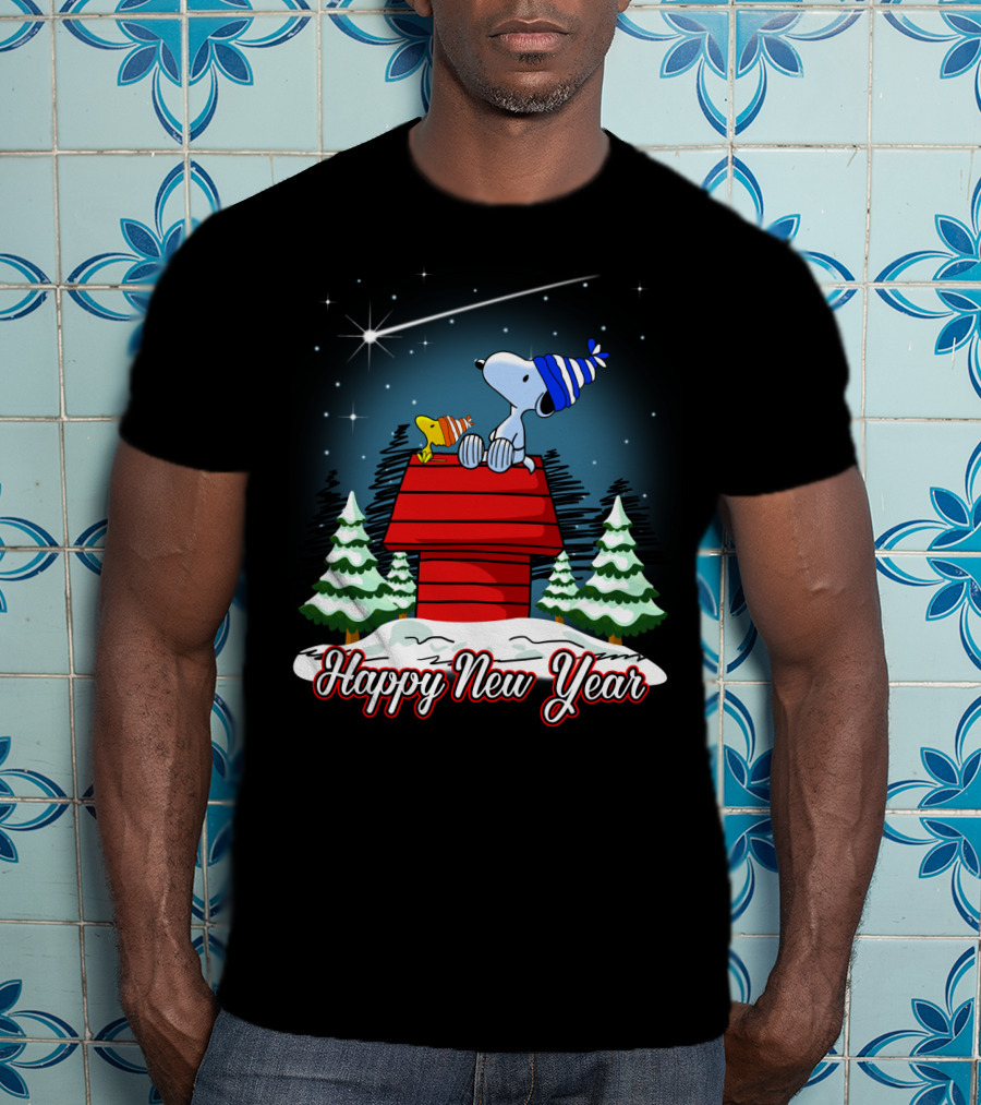 Snoopy Happy New Year With Woodstock On Doghouse Under Starry Sky T-Shirt