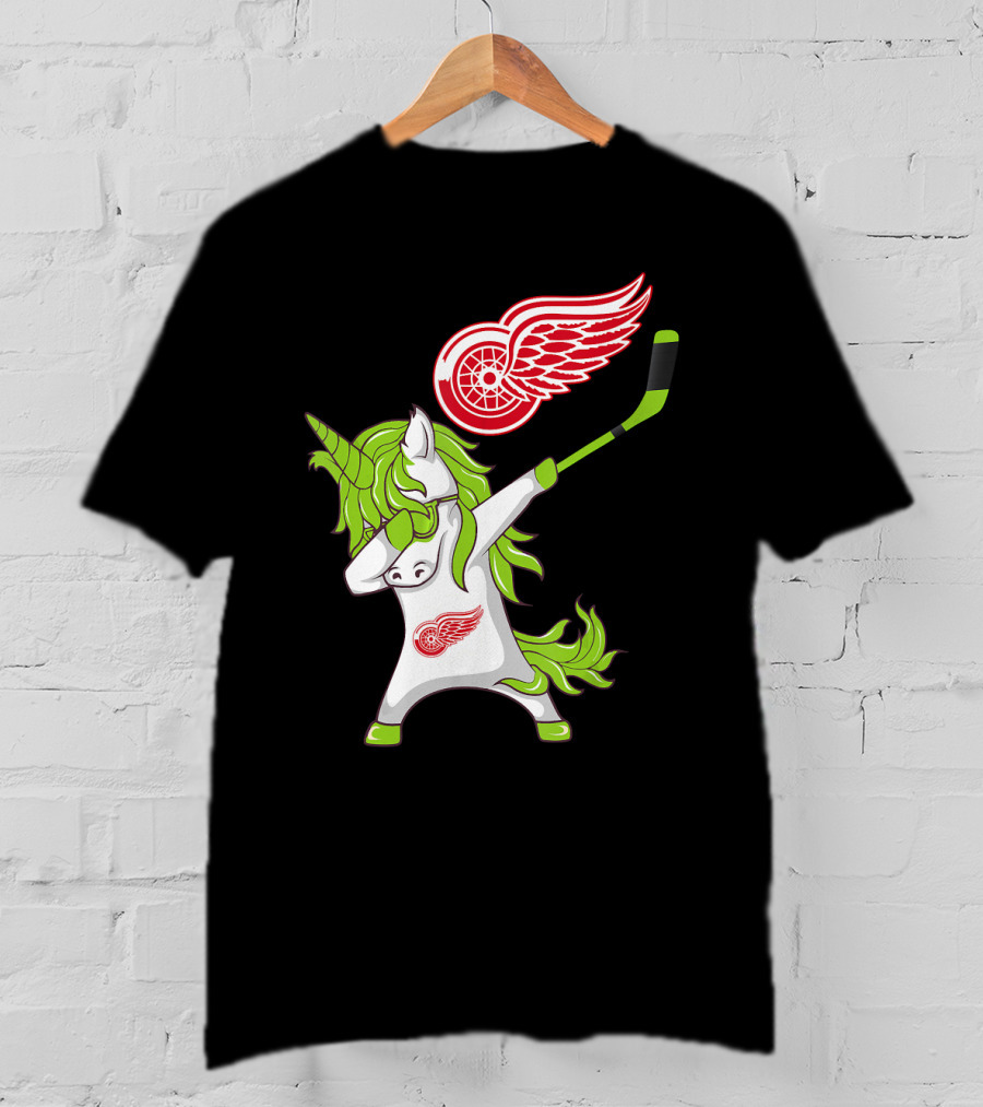 Detroit Red Wings St Patrick's Day Dabbing Unicorn Hockey Stick T-Shirt