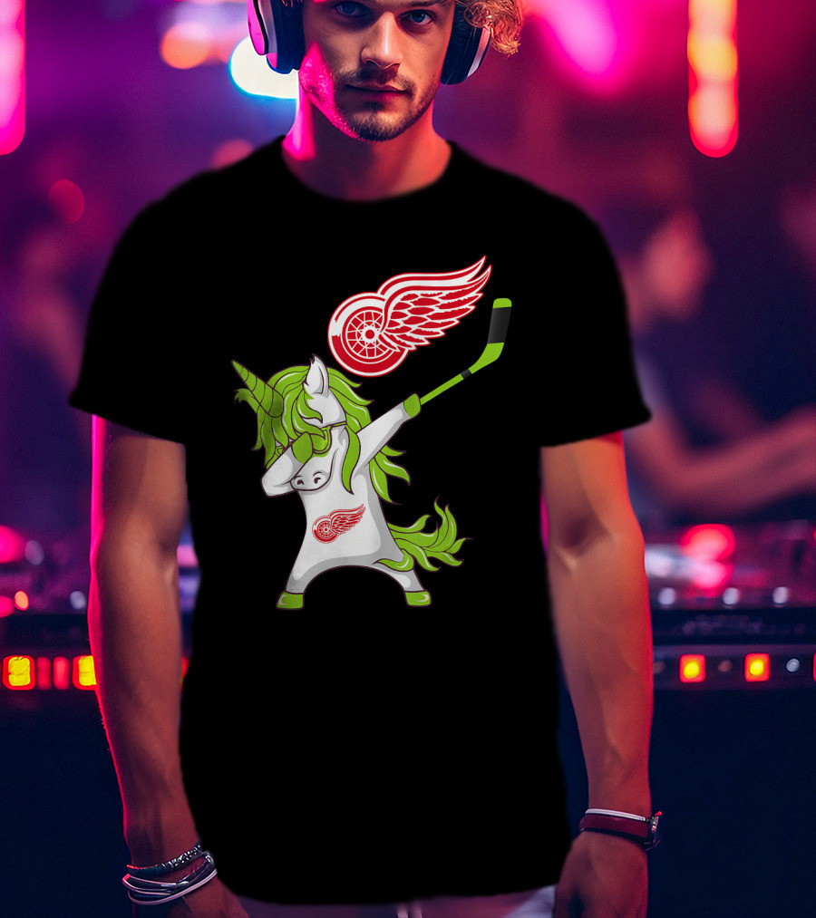 Detroit Red Wings St Patrick's Day Dabbing Unicorn Hockey Stick T-Shirt