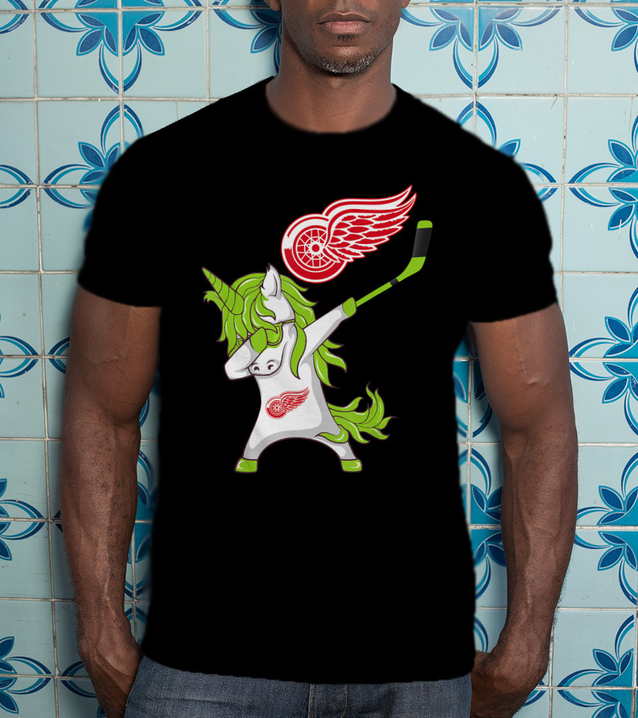 Detroit Red Wings St Patrick's Day Dabbing Unicorn Hockey Stick T-Shirt