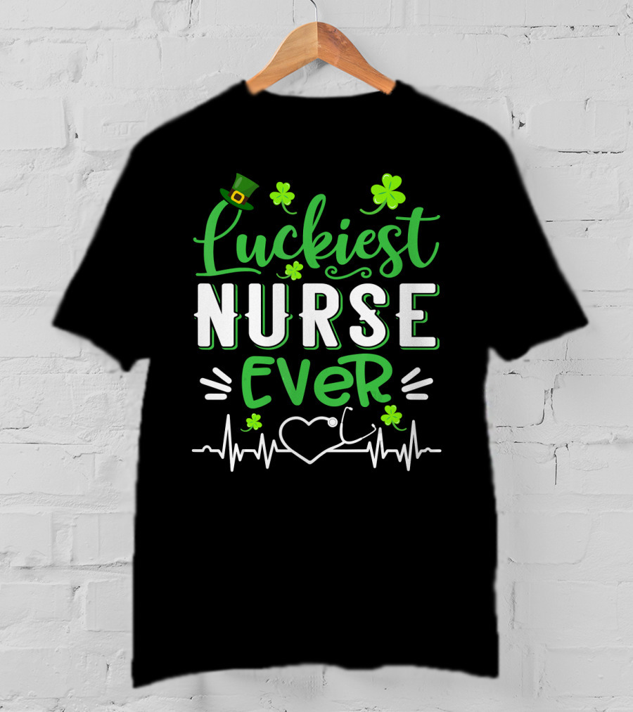 Luckiest Nurse Ever Shamrock Top Hat Heartbeat St Patrick T-Shirt