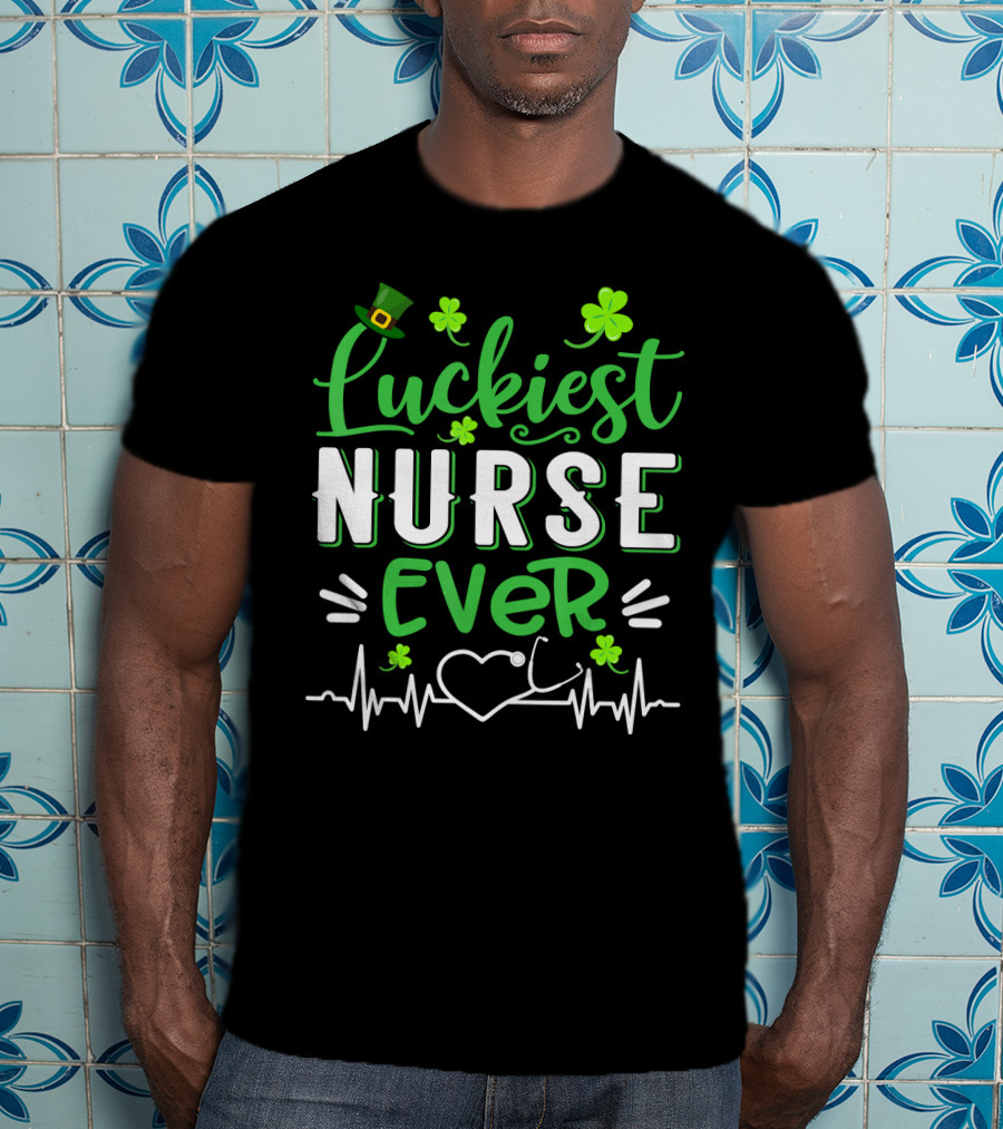 Luckiest Nurse Ever Shamrock Top Hat Heartbeat St Patrick T-Shirt