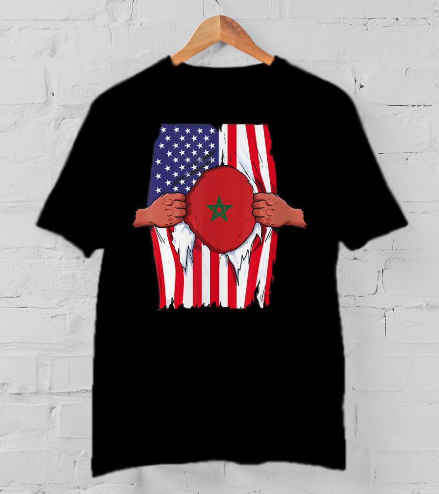 Morocco Flag Inside American Flag Home Pride Moroccan T-Shirt