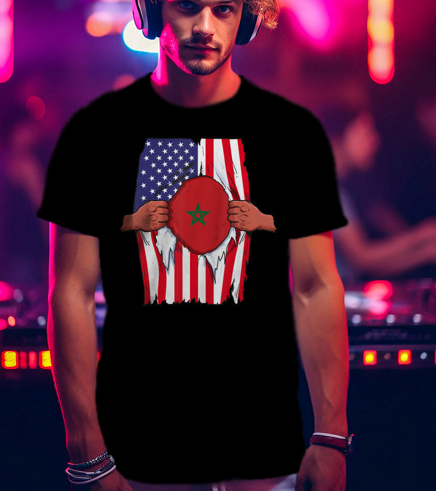 Morocco Flag Inside American Flag Home Pride Moroccan T-Shirt