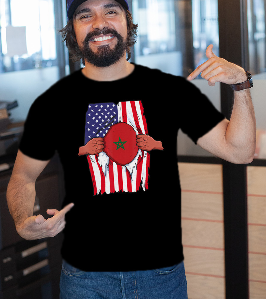 Morocco Flag Inside American Flag Home Pride Moroccan T-Shirt