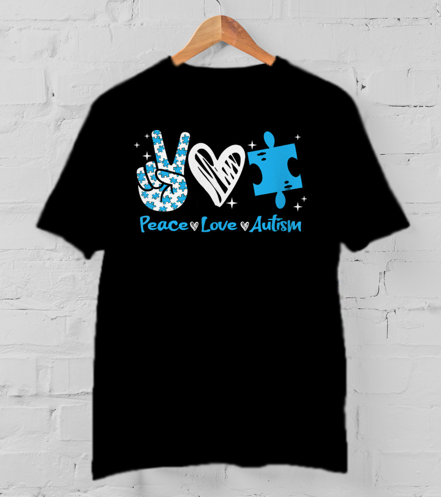 Peace Love Autism Awareness Blue Puzzle Piece T-Shirt