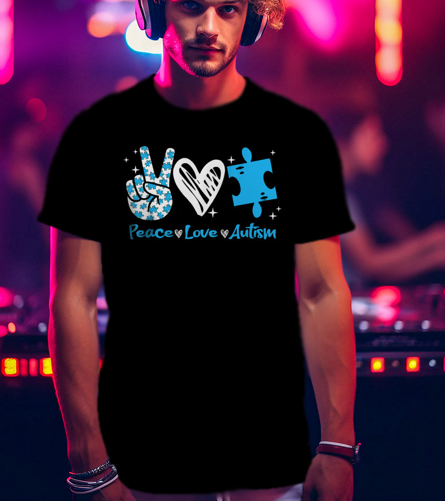 Peace Love Autism Awareness Blue Puzzle Piece T-Shirt