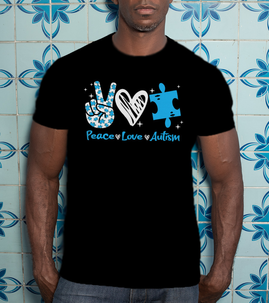 Peace Love Autism Awareness Blue Puzzle Piece T-Shirt