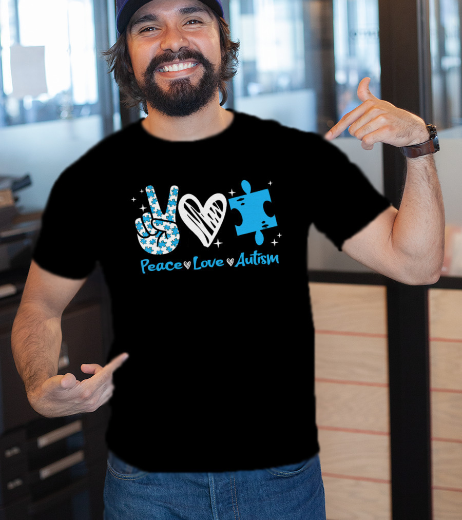 Peace Love Autism Awareness Blue Puzzle Piece T-Shirt