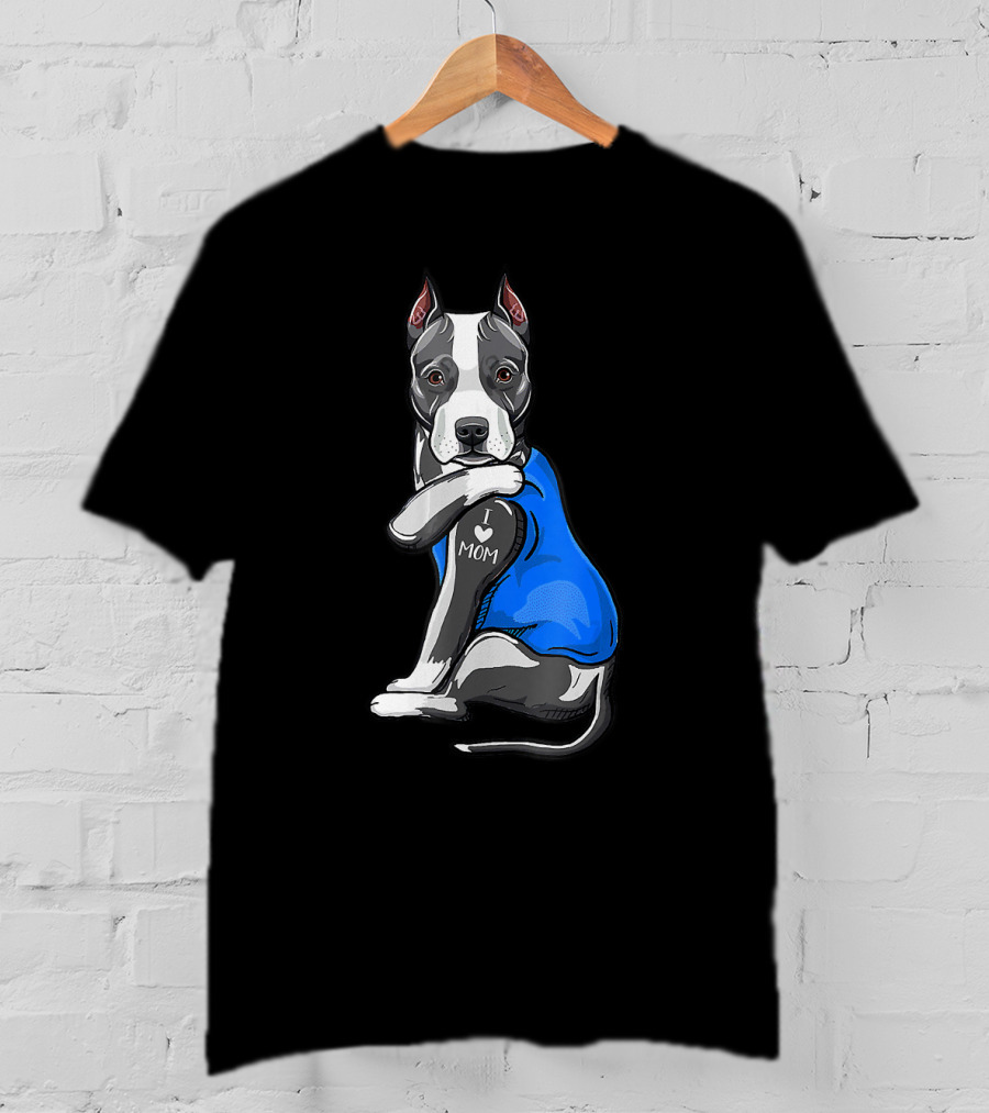 Pit Bull Dog I Love Mom Tattoo Blue T-Shirt