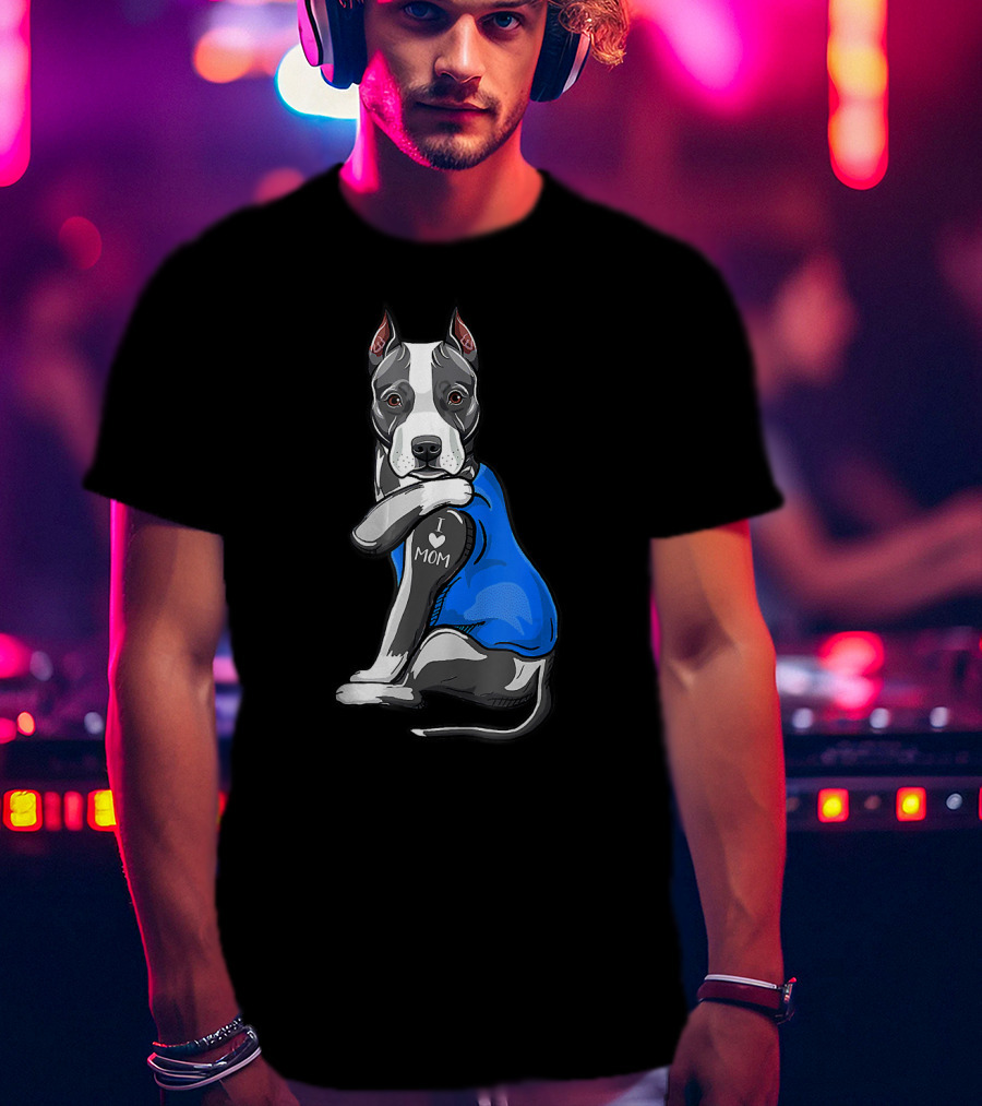 Pit Bull Dog I Love Mom Tattoo Blue T-Shirt